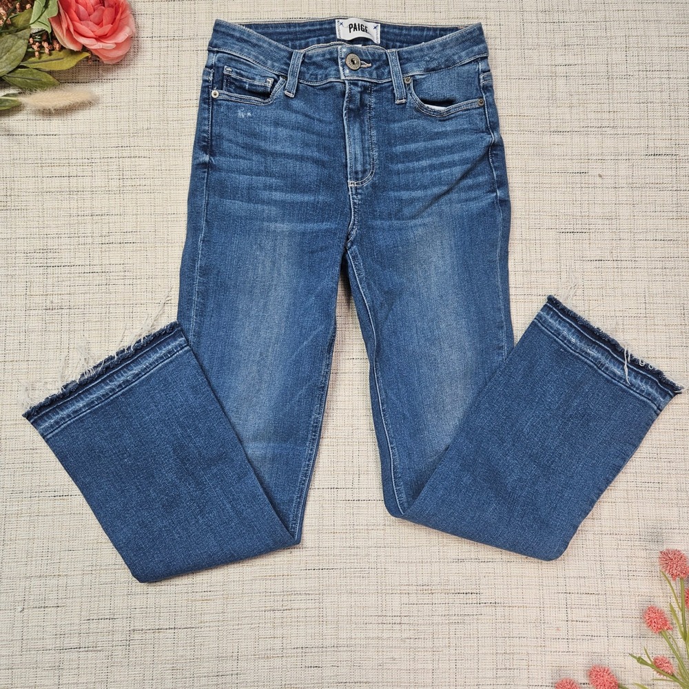 Paige Colette Crop Flare High Rise Jeans‎ Indigo Blue Raw Hem Size 25